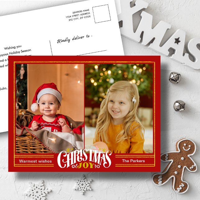 Modern Festive Red Christmas JOY Minimalist Photo Holiday Postcard (Creator Uploaded)