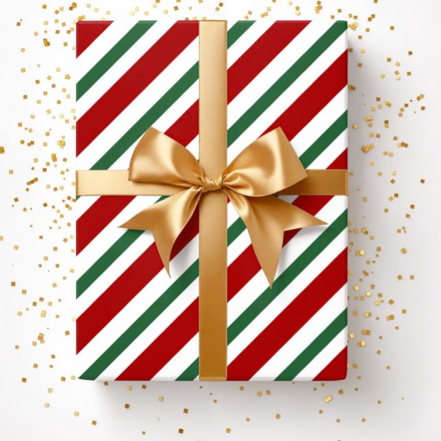 Modern Festive Red Green Stripes Christmas Wrapping Paper (Christmas Red Green White Stripes Pattern Wrapping )
