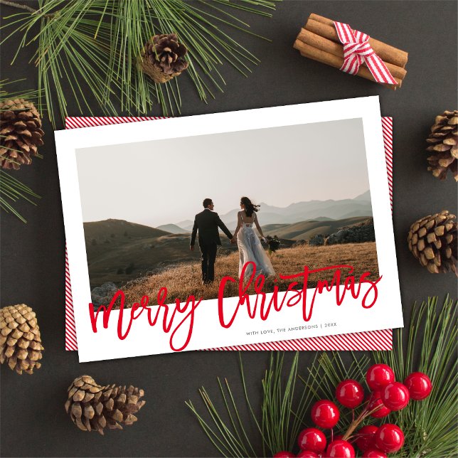 Modern Festive Red Script Merry Christmas 1 Photo  Holiday Card (Creator Uploaded)