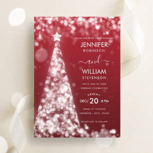 Modern Festive Red Silver Tree Christmas Wedding  Invitation