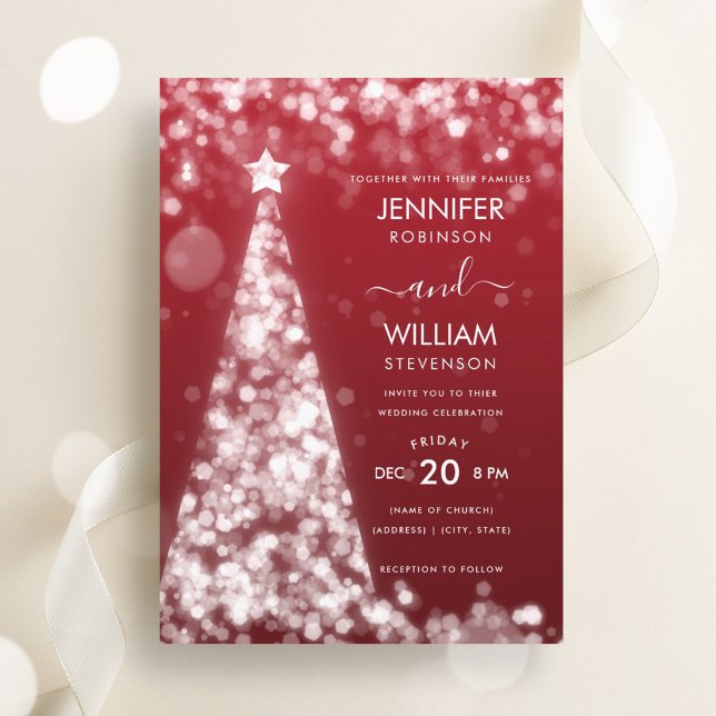 Modern Festive Red Silver Tree Christmas Wedding  Invitation (Modern Festive Red Silver Tree Christmas Wedding Invitation)