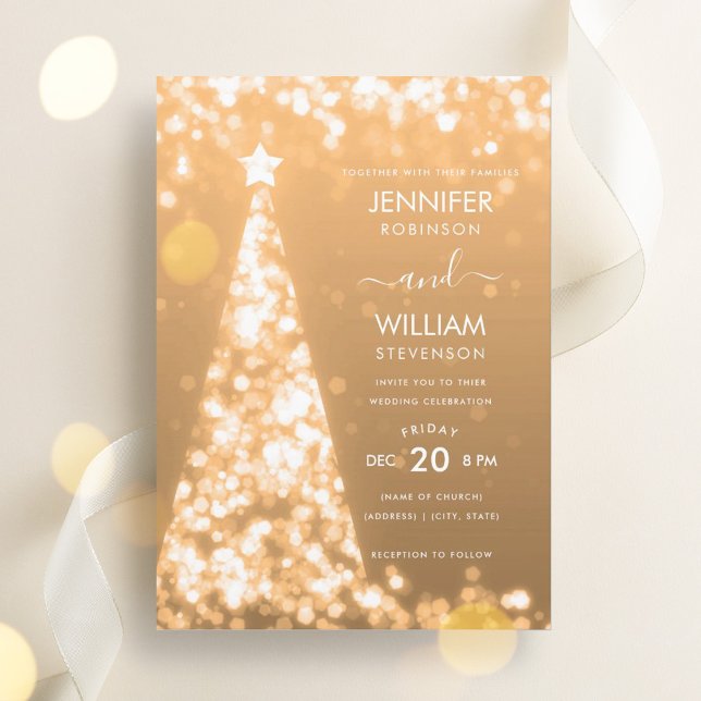 Modern Festive Rose Gold Tree Christmas Wedding  Invitation (Modern Festive Rose Gold Tree Christmas Wedding Invitation)