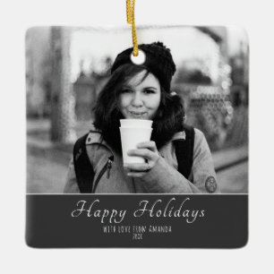 Modern Festive Script Custom Photo Holiday Ceramic Ornament