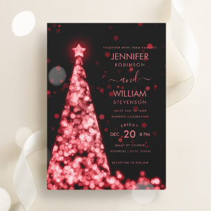 Modern Festive Script Red Tree Christmas Wedding Invitation