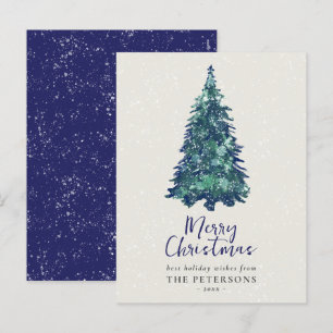 Modern Festive Snowy Blue Christmas Tree Holiday Postcard