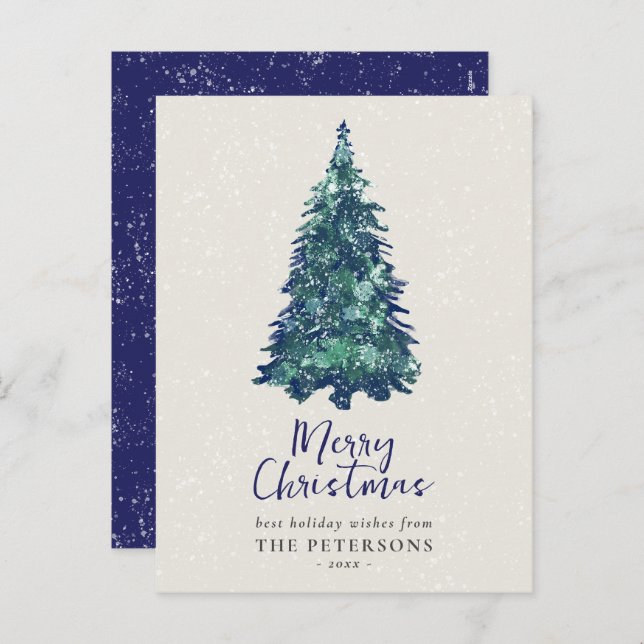 Modern Festive Snowy Blue Christmas Tree  Holiday Postcard (Front/Back)