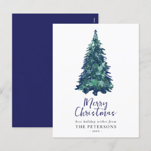Modern Festive Snowy Blue Christmas Tree Holiday Postcard