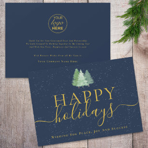 Modern Festive Trees Logo Navy Blue Gold Business Holiday Card