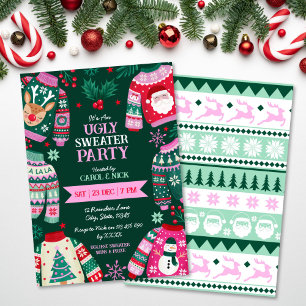 Modern Festive Ugly Sweater Red, Green and Pink Invitation