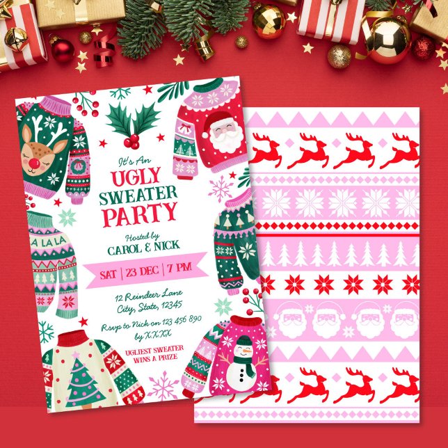 Modern Festive Ugly Sweater Red, Green and Pink Invitation (Modern Festive Ugly Sweater Red, Green and Pink Invitation)