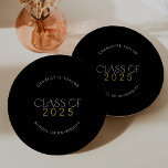 Modern Fete Black Gold Class of 2025 Graduation Paper Plate<br><div class="desc">These modern fete black gold class of 2025 graduation paper plates are perfect for a simple grad party. The design features elegant boho typography with a touch of sophisticated style in classy dark black and yellow gold.

Personalise your paper plates with the name of the graduate and class year.</div>