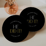 Modern Fete Black Gold He Did It Graduation Paper Plate<br><div class="desc">These modern fete black gold he did it graduation paper plates are perfect for a simple grad party. The design features elegant boho typography with a touch of sophisticated style in classy dark black and yellow gold.

Personalise your paper plates with the name of the graduate and class year.</div>