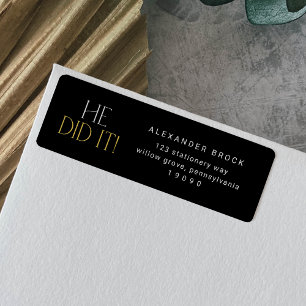 Modern Fete Black Gold He Did It Graduation Return Address Label