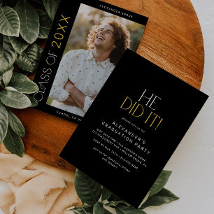 Modern Fete Black Gold He Did It Photo Graduation Invitation