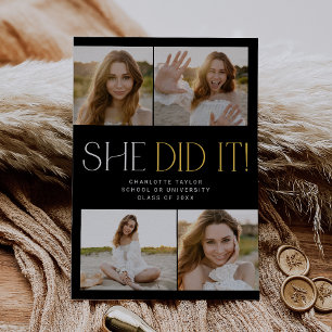 Modern Fete Black Gold She Did It Photo Graduation Announcement