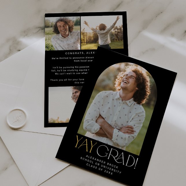 Modern Fete Black Gold Yay Grad Photo Graduation Announcement (Creator Uploaded)
