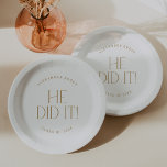 Modern Fete Gold He Did It Graduation Paper Plate<br><div class="desc">These modern fete gold he did it graduation paper plates are perfect for a simple grad party. The design features elegant boho typography with a touch of sophisticated style in minimalist gold and white.

Personalise your paper plates with the name of the graduate and class year.</div>