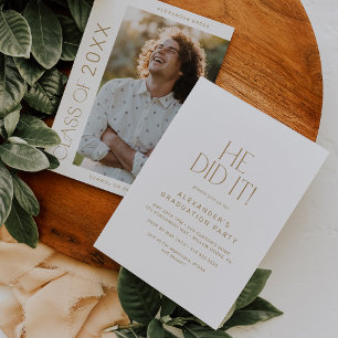 Modern Fete Gold He Did It Photo Graduation Party Invitation