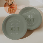 Modern Fete | Green She Did It Graduation Paper Plate<br><div class="desc">These modern fete green she did it graduation paper plates are perfect for a simple grad party. The design features elegant boho typography with a touch of sophisticated style in muted and minimalist light sage green.

Personalise your paper plates with the name of the graduate and class year.</div>