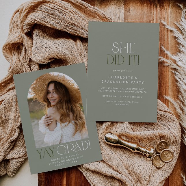 Modern Fete Green She Did It Photo Arch Graduation Invitation (Creator Uploaded)