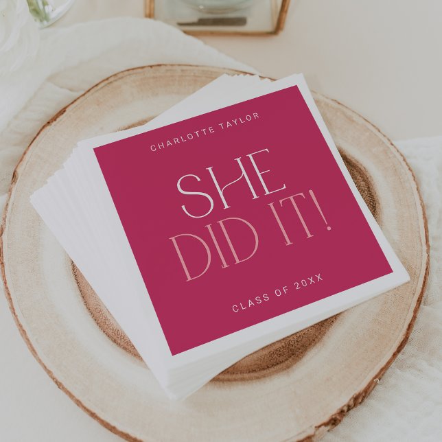 Modern Fete | Hot Pink She Did It Graduation Napkin (Creator Uploaded)