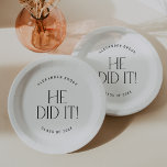 Modern Fete | Minimal He Did It Graduation Paper Plate<br><div class="desc">These modern fete he did it graduation paper plates are perfect for a simple grad party. The design features elegant boho typography with a touch of sophisticated style in minimalist black and white.

Personalise your paper plates with the name of the graduate and class year.</div>
