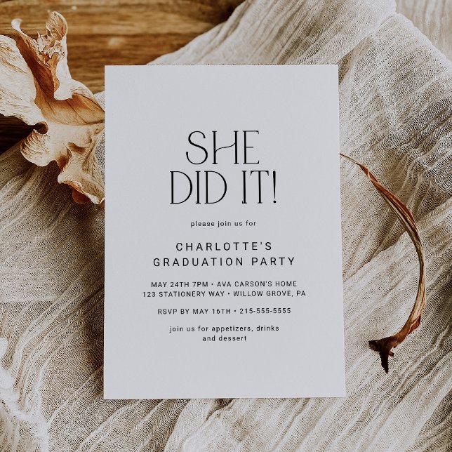 Modern Fete | Minimal She Did It Graduation Party Invitation (Creator Uploaded)