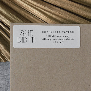 Modern Fete   Minimal She Did It Graduation Return Address Label