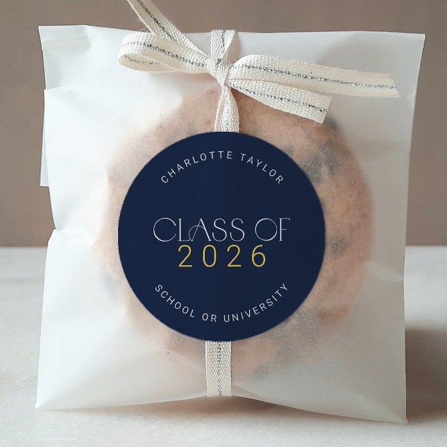 Modern Fete Navy Gold Class of 2026 Graduation Classic Round Sticker (Modern Fete Navy Gold Class of 2026 Graduation Classic Round Sticker)