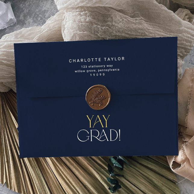 Modern Fete Navy Gold Yay Grad Graduation Envelope (Creator Uploaded)