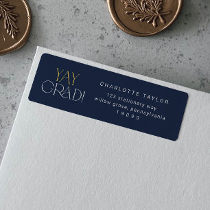 Modern Fete   Navy Gold Yay Grad Graduation Return Address Label