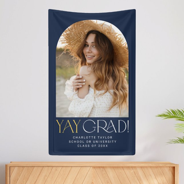 Modern Fete Navy Gold Yay Grad Photo Graduation Banner (Creator Uploaded)