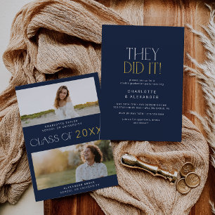 Modern Fete Navy Photo Double Graduation Party Invitation
