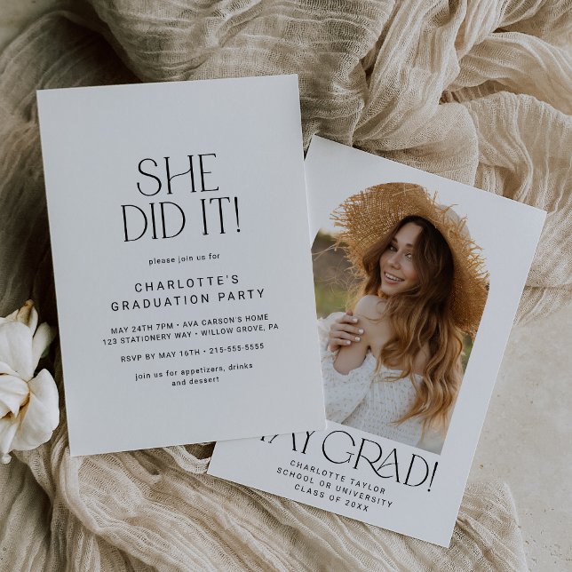 Modern Fete She Did It Photo Arch Graduation Party Invitation (Creator Uploaded)