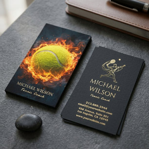 Modern Fiery Tennis Ball Black Gold Instructor Business Card