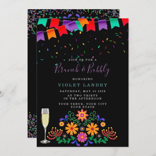 Modern Fiesta and Cactus Brunch and bubbly Invitation (Front/Back)