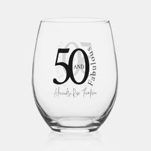 Modern Fifty and Fabulous 50th Birthday Party Stemless Wine Glass