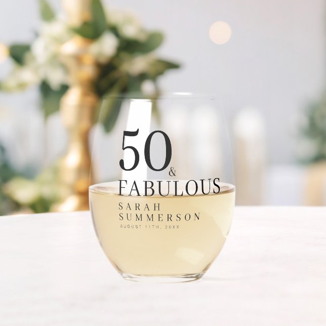 Modern Fifty and Fabulous Bold 50th Birthday Party Stemless Wine Glass (Insitu (Wedding))