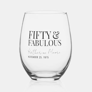 Modern Fifty and Fabulous Bold 50th Birthday Party Stemless Wine Glass