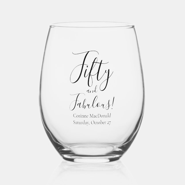 Modern Fifty and Fabulous Bold 50th Birthday Party Stemless Wine Glass (Front)