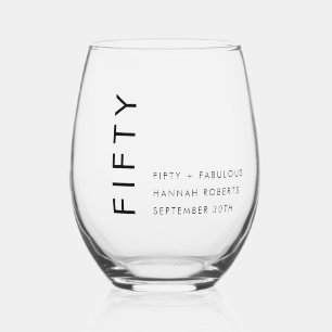 Modern Fifty and Fabulous Bold 50th Birthday Party Stemless Wine Glass
