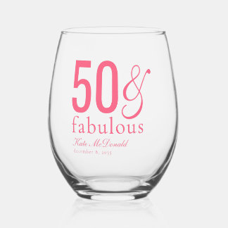Modern Fifty and Fabulous Bold 50th Birthday Party Stemless Wine Glass