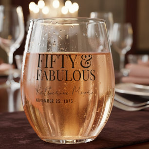 Modern Fifty and Fabulous Bold 50th Birthday Party Stemless Wine Glass