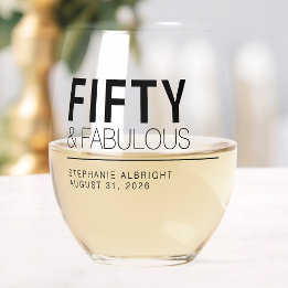 Modern Fifty and Fabulous Bold 50th Birthday Party Stemless Wine Glass