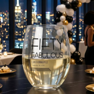 Modern Fifty and Fabulous Bold 50th Birthday Party Stemless Wine Glass