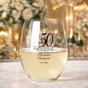 Modern Fifty and Fabulous Bold 50th Birthday Party Stemless Wine Glass