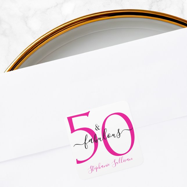 Modern Fifty and Fabulous Pink 50th Birthday Party Square Sticker (Creator Uploaded)