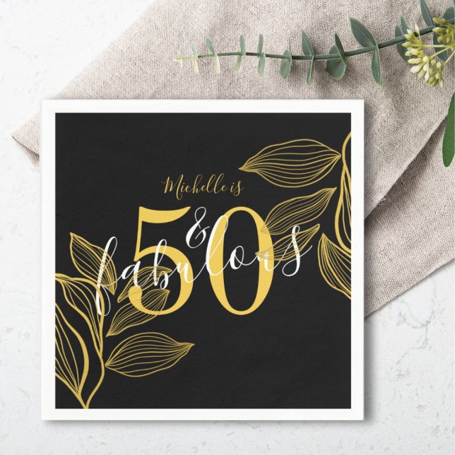 Modern Fifty & Fabulous Black & Gold Napkin (Creator Uploaded)