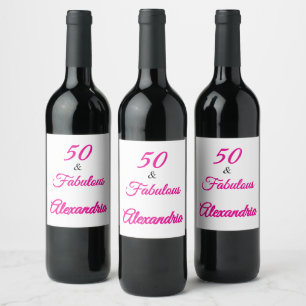 Modern Fifty & Fabulous Bold Pink Script Birthday Wine Label