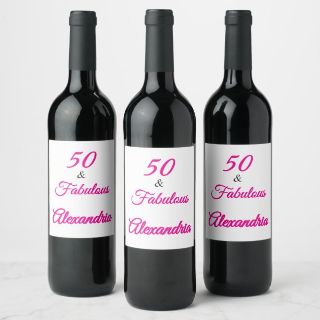 Modern Fifty & Fabulous Bold Pink Script Birthday  Wine Label (Bottles)